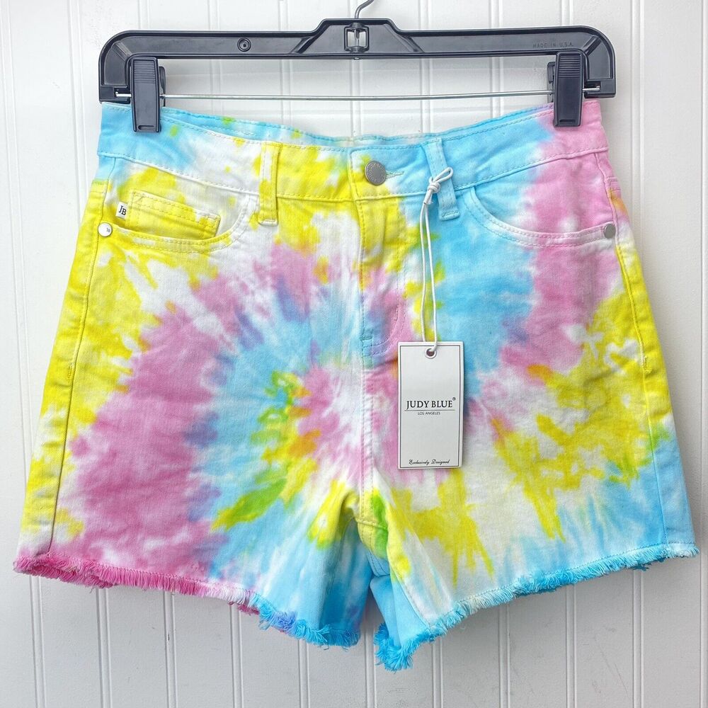 Tie Dye Rainbow Shorts Judy Blue Sz Small Stretch Denim Raw Hem Fray NEW
